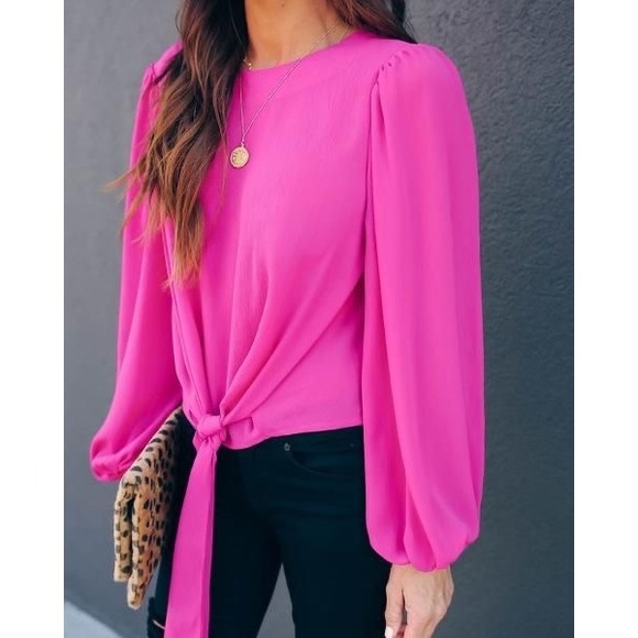 Vici Tops - VICI Magenta Tie Front Balloon Sleeve Blouse AT1877 Medium Barbiecore Boho Pink